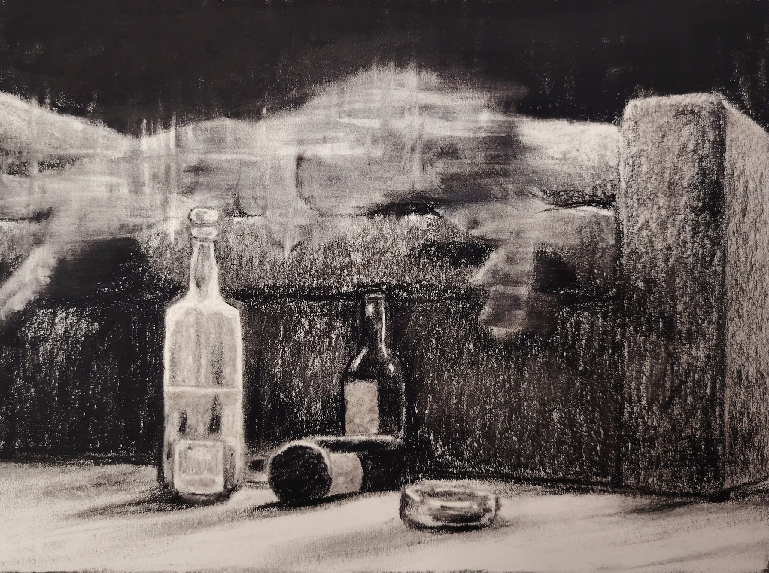 dessin fusain canapé alcool